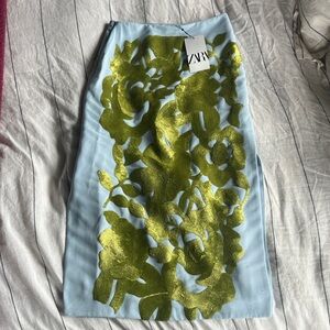 Zara Light Blue Skirt with Gold Floral Design